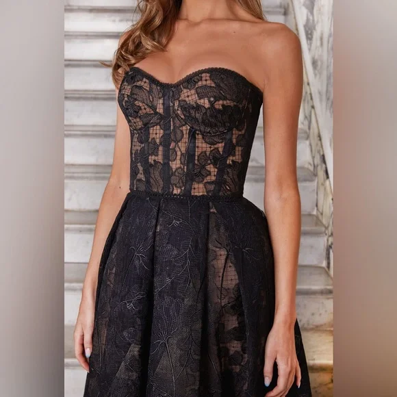 NWOT Nadine Merabi black/nude Olivia dress corseted embroidered lace - Picture 5 of 13